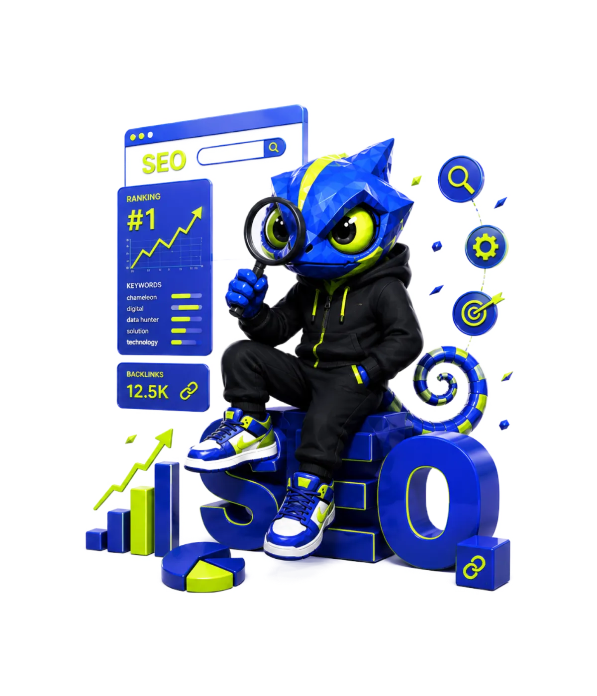 X-DMAIC mascot with a growth chart