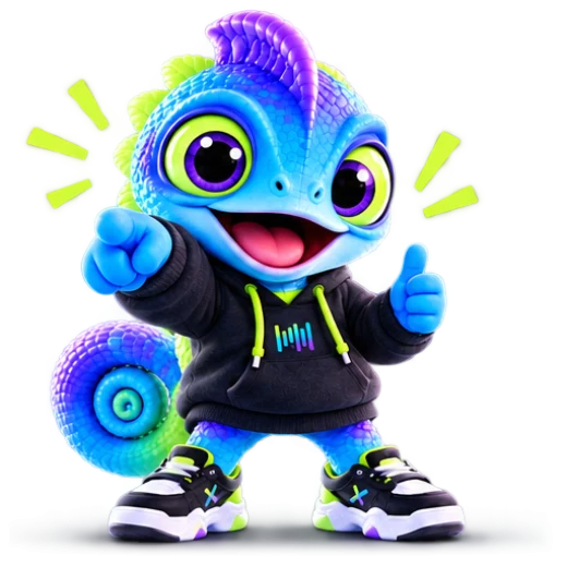 Mascot X-DMAIC: tắc kè hoa xanh mặc hoodie đen chỉ tay và giơ ngón cái